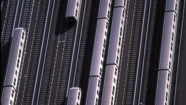 BART trains in a rail yard.