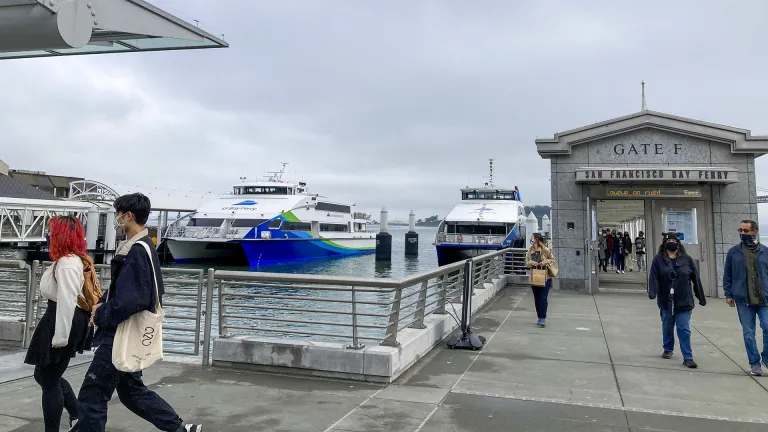 People exiting a San Francisco Bay Ferry at Gate F at the San Francisco Ferry Building.