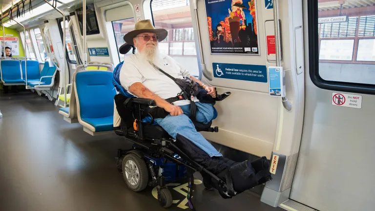 A wheelchair user on a BART train.