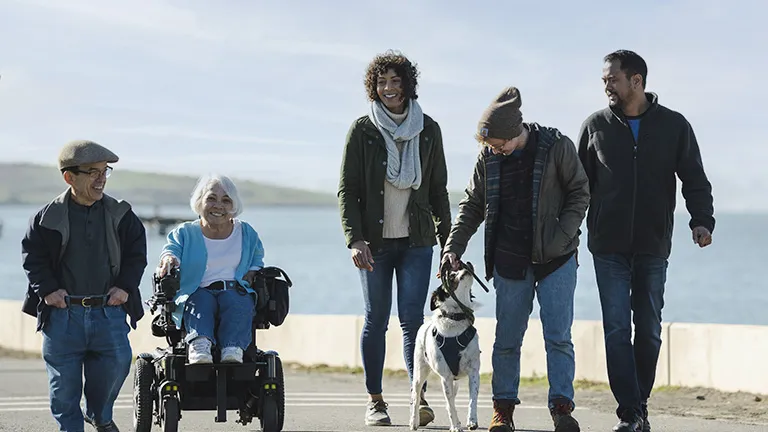 A group of adults walking a dog on the Bay Trail.
