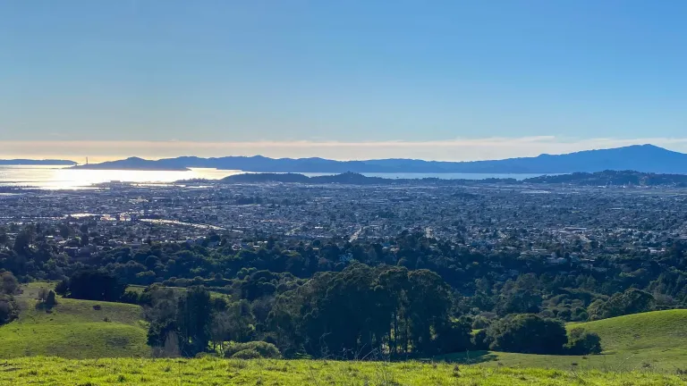  Daytime view of the San Francisco Bay looking down from the Oakland Hills with clear skies.