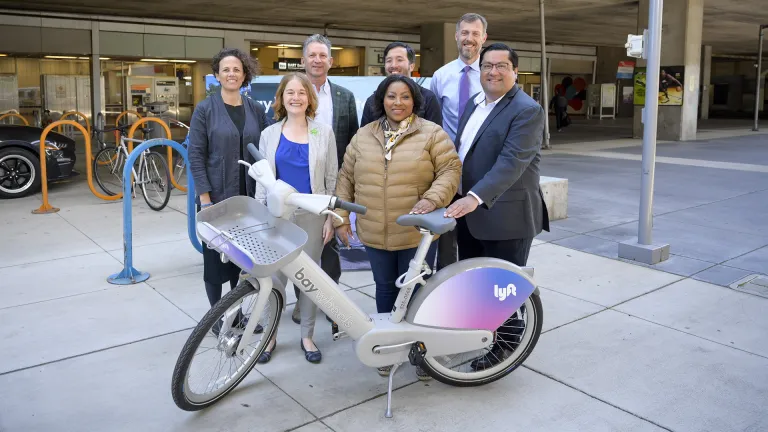 Caroline Samponaro, Lyft VP of Bikes/Scooters; Andrew Fremier, MTC Executive Director; Justin Hu-Nguyen, Bike East Bay Executive Director; Courtney Welch, Mayor of Emeryville; Jesse Arreguin, Vice President of the Association of Bay Area Governments and Mayor of Berkeley.