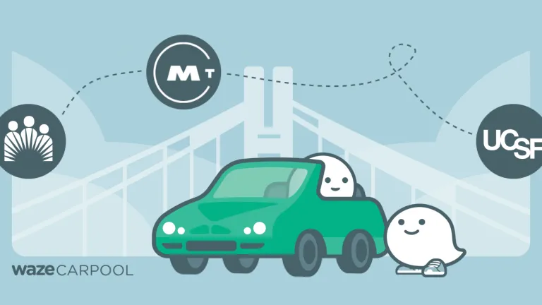 Waze Carpool logo in a car with a bridge and MTC, Kaiser Permanente and UCSF logos in the background