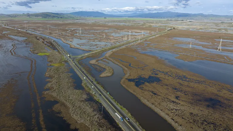 Aerial over a partially flooded section of State Route 37.