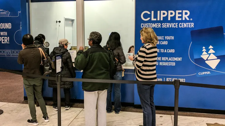 Clipper patrons at new Embarcadero BART station window