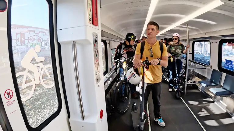 Cyclists on a Caltrain bike car.