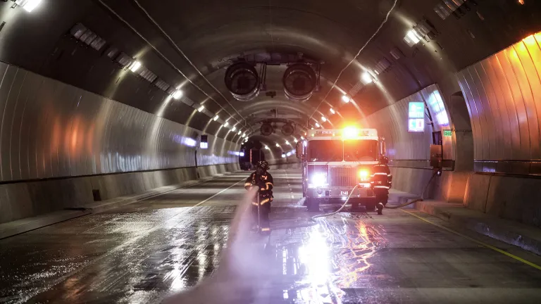 Oakland and Orinda fire departments practice responding to a fire drill in the Caldecott Tunnel.