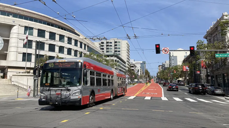 Muni's Van Ness bus rapid transit 49 bus in San Francisco, California.