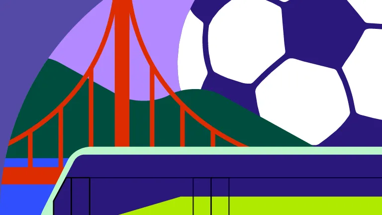 Illustration of a bus with the Golden Gate Bridge and a soccer ball in the background.
