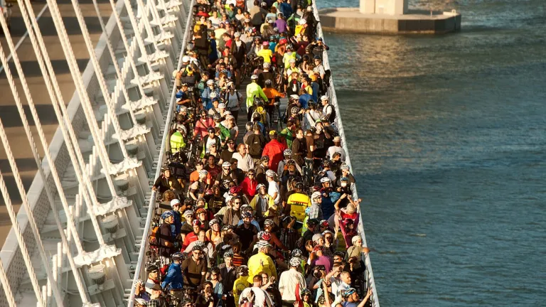 bicyclists and pedestrians on new East Span bicycle/pedestrian path