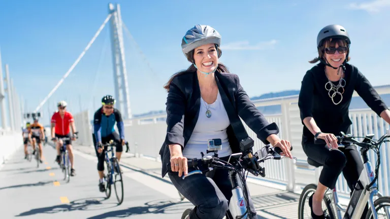 Oakland Mayor and MTC Commissioner Libby Schaaf (left) participated in the rolling press event marking the opening of the Vista Point and new weekday hours for the East Span bike/ped path.