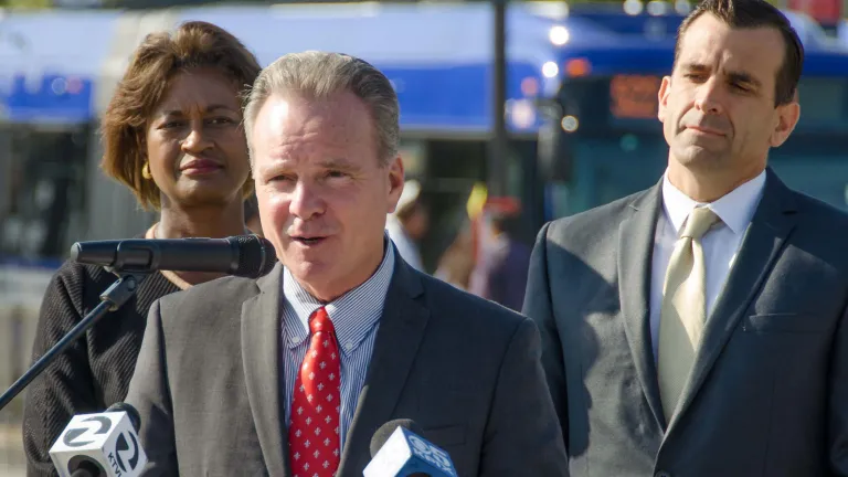  MTC Chair Dave Cortese speaks at the TRIP press conference, flanked by VTA General Manager Nuria Fernandez (left) and MTC Commissioner and San Jose Mayor Sam Liccardo (right).