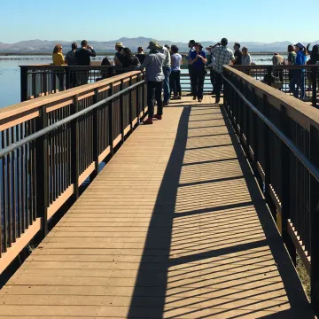 view on a wooden pier looking down the pier on water.