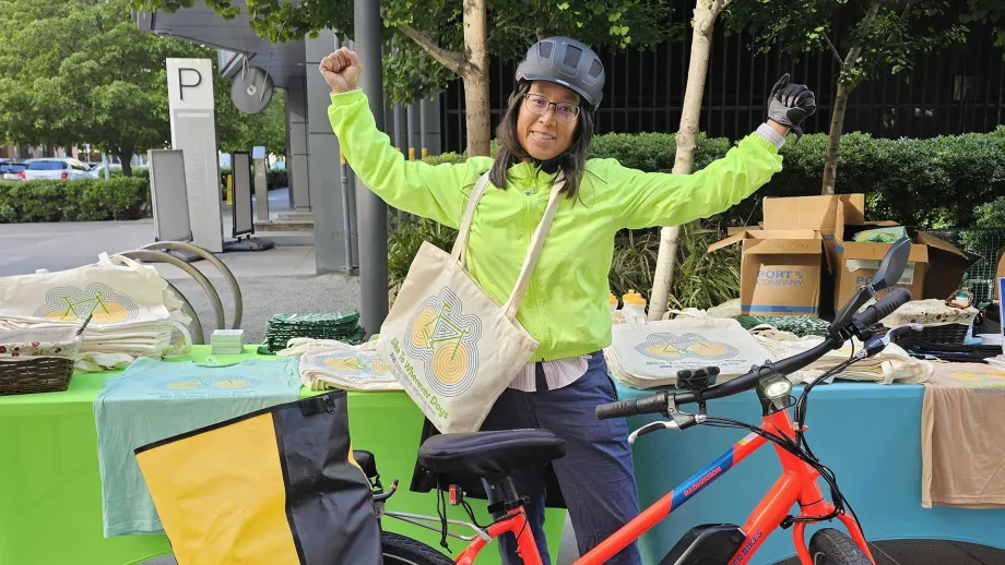 A powerful cyclist on Bike to Wherever Days 2025.