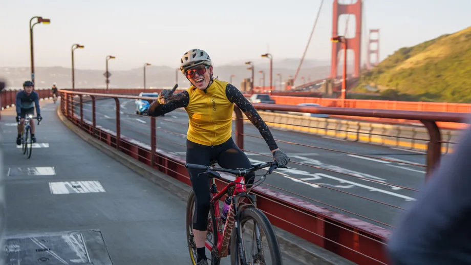 A cyclist on the Golden Gate Bridge for Bike to Wherever Days 2026.