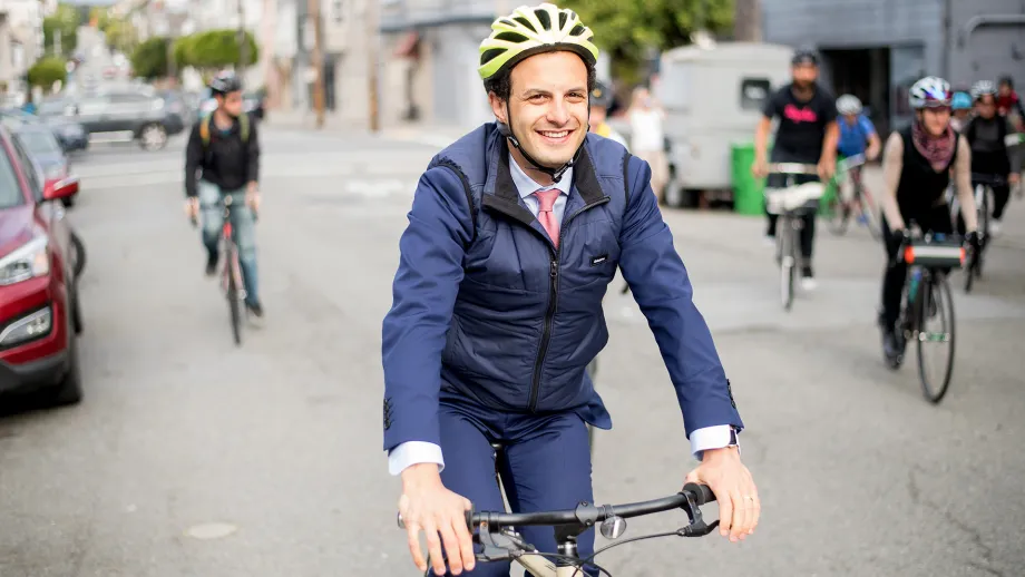 MTC Commissioner Nick Josefowitz joins a convoy in San Francisco on Bike to Work Day 2017.
