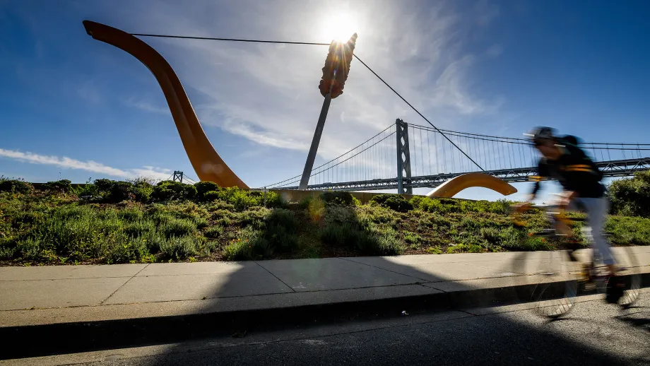 A cyclist rides along the Embarcadero on Bike to Work Day.