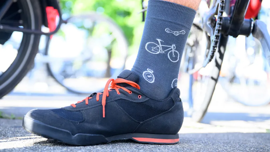 Detail of a bike-themed sock.