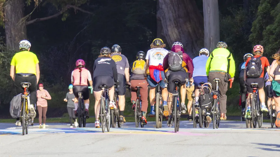 A large group of cyclists in Golden Gate Park on Bike to Wherever Days 2025.