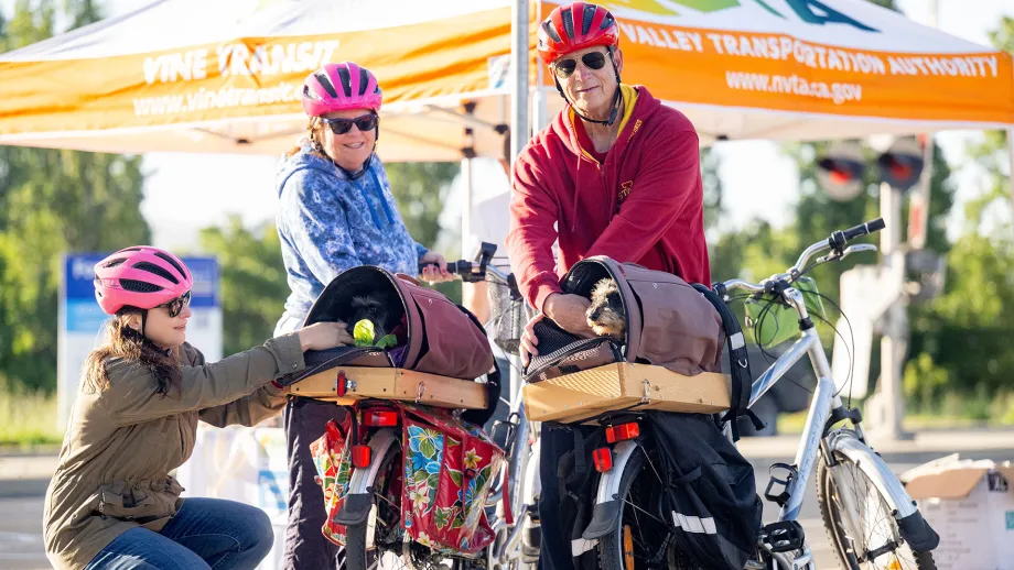 Napa county cyclists with their dogs on Bike to Wherever Days 2026.