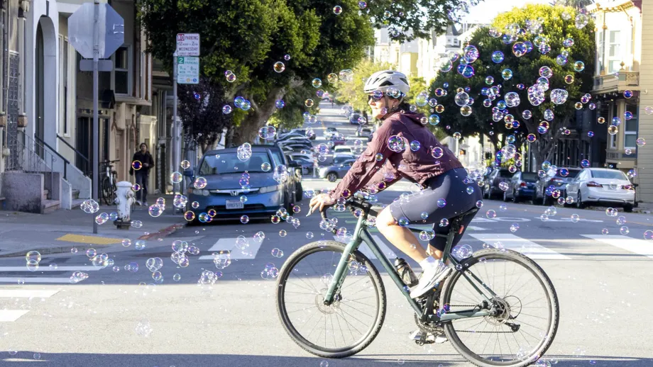 Biking through bubbles in San Francisco on Bike to Wherever Days 2026.