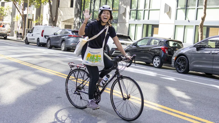 A San Francisco cyclist on Bike to Wherever Days 2026.