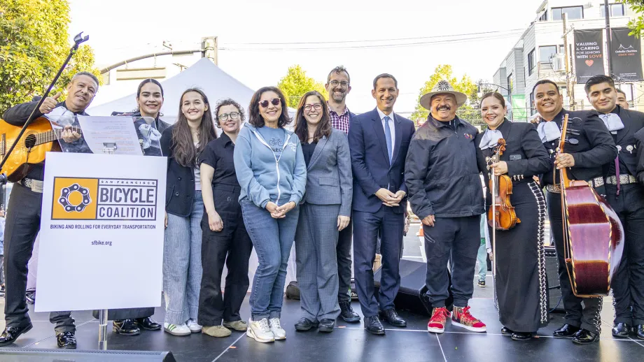 MTC Commissioner Myrna Melgar, San Francisco Mayor Daniel Lurie, and other biking advocates in San Francisco on Bike to Wherever Days 2026.