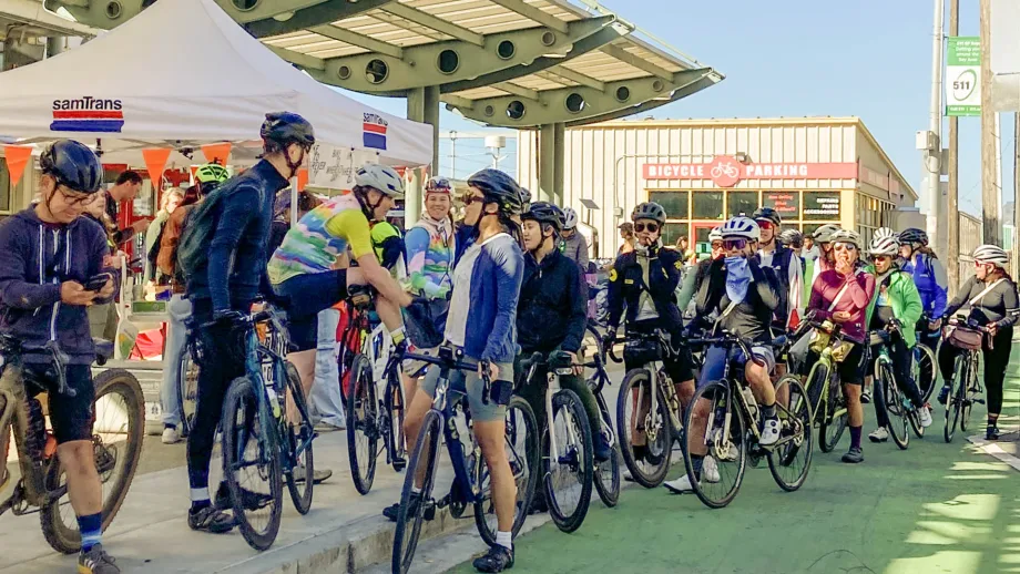 Cyclists at Caltrain 4th and King station in San Francisco on Bike to Wherever Days 2026.