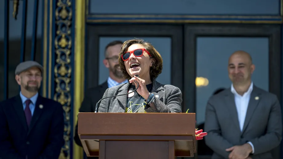 MTC Commissioner Myrna Melgar at the Bike to Wherever Days 2025 rally at San Francisco City Hall.