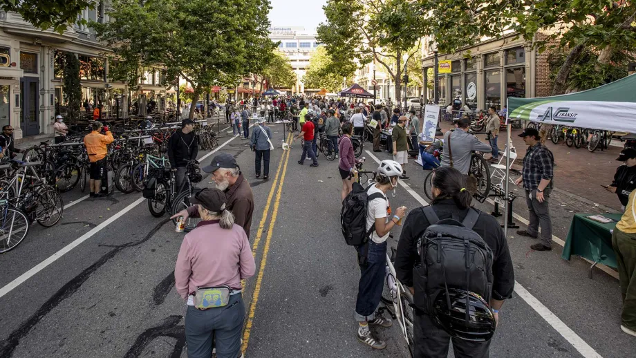 The crowd at the Oakland Bike Happy Hour on  Bike to Wherever Days 2026.