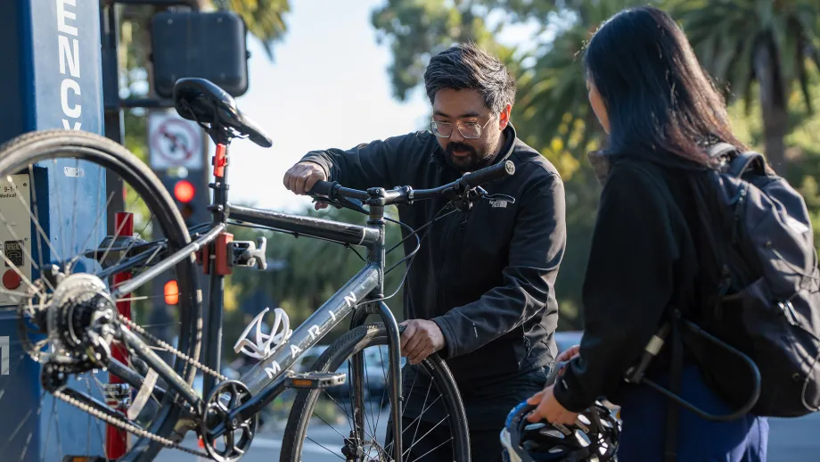 Bike repairs at the Stanford Energizer Station for Bike to Wherever Days 2026.