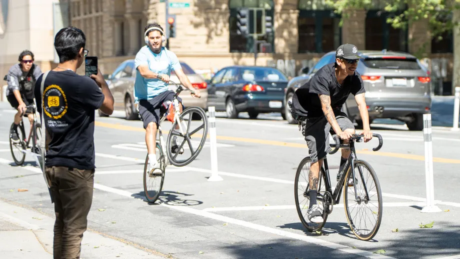Cyclists in downtown San Jose on Bike to Wherever Days 2026.