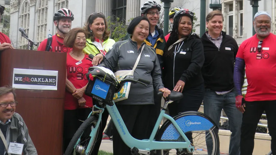 Former Oakland Mayor Jean Quan marks Bay Area bikeshare's first appearance at BTWD 2014.