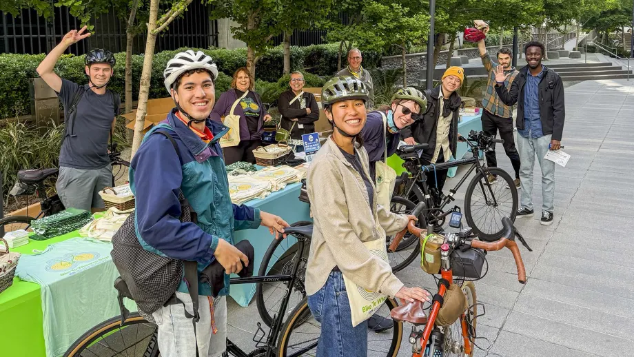 Cyclists at the Bay Area Metro Center energizer station on Bike to Wherever Days 2025.