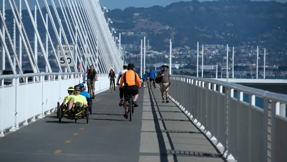 Walkers and cyclists share the path.