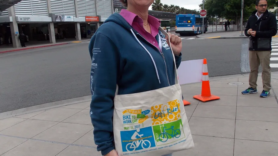 MTC Commissioner and Union City Mayor Carol Dutra-Vernaci greeted Bike to Work Day participants at the Energizer Station outside Union City’s BART station