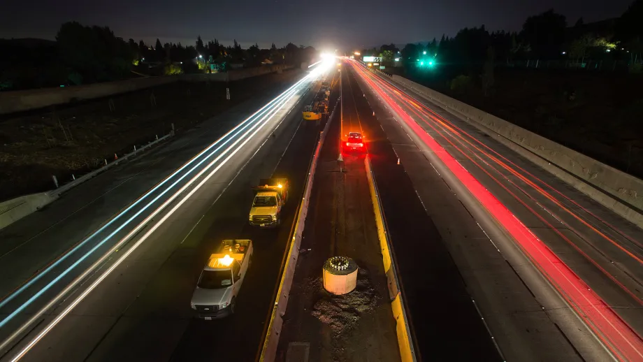 A completed CIDH (Cast-In-Drill-Hole) structural foundation for an express lane sign placed in the future reconstructed median barrier of I-680.