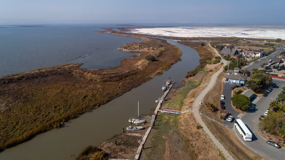 Aerial shot of South Bay Yacht Club's proximity to sloughs of the San Francisco Bay