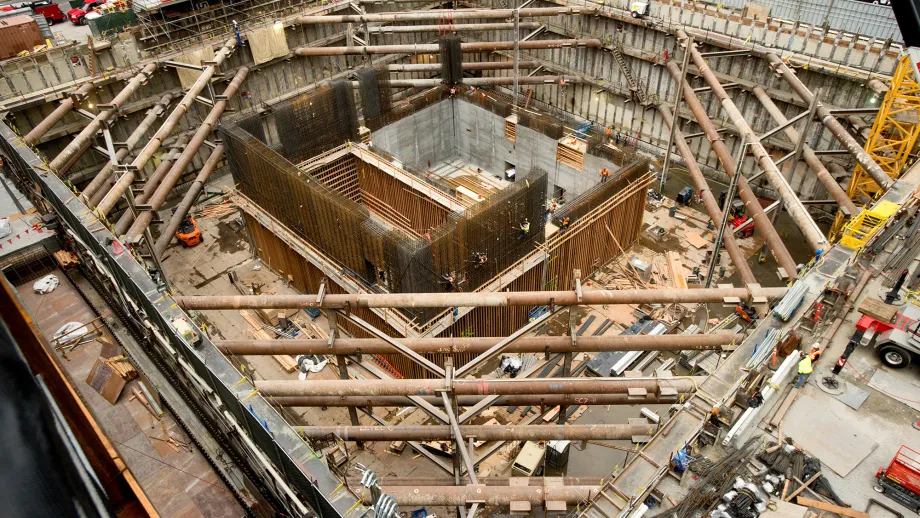 Braces cross the foundation of the Salesforce Tower which will connect to the Transbay Terminal