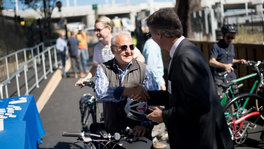 Caltrans District 4 Director and MTC Commissioner Bijan Sartipi bicycled from the East Bay via the Bay Bridge bicycle and pedestrian path to celebrate the opening of the Vista Point