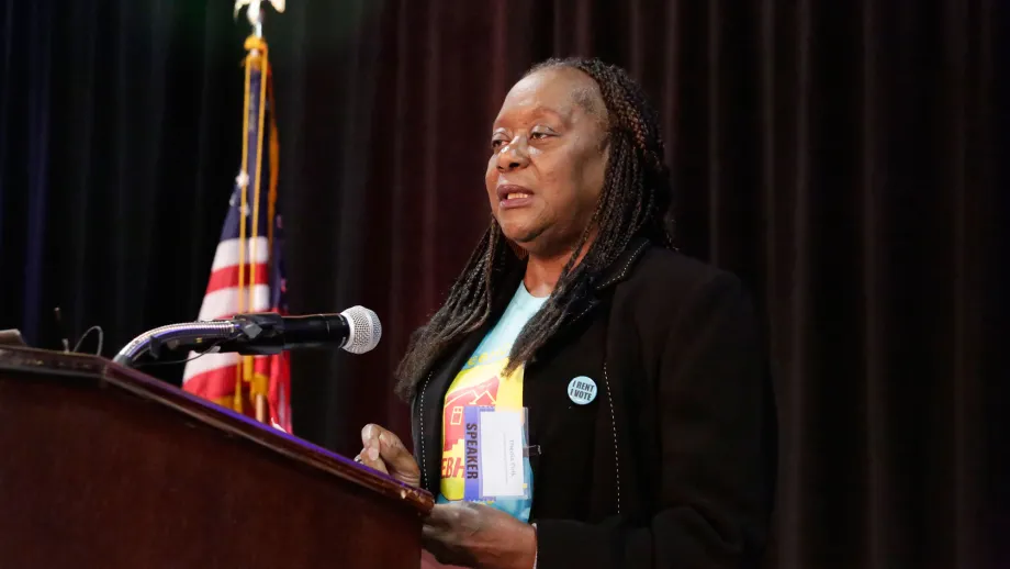 Theola Polk of Oakland spoke of her struggle to find housing in the East Bay.