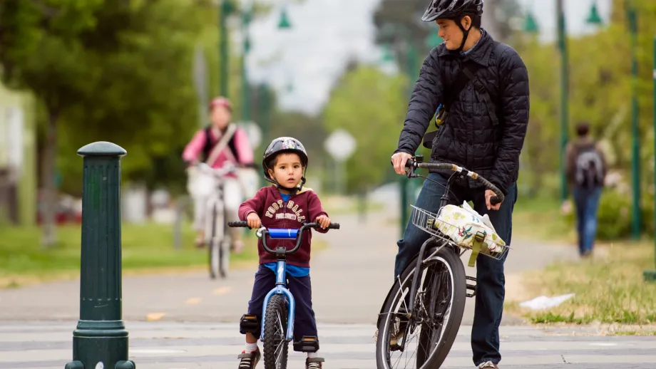 Not every three-year-old can ride to school with no training wheels, but Kian Co, son of MTC bicycle planner Sean Co (shown to the right), pedaled to two Berkeley bike events and then to school today, without help needed from training wheels or otherwise.