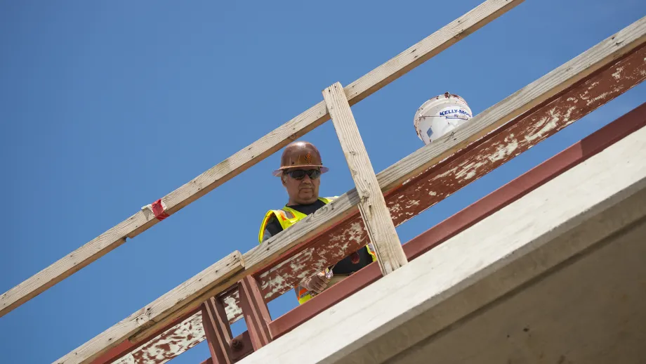 A worker puts finishing touches on one of the viaducts.