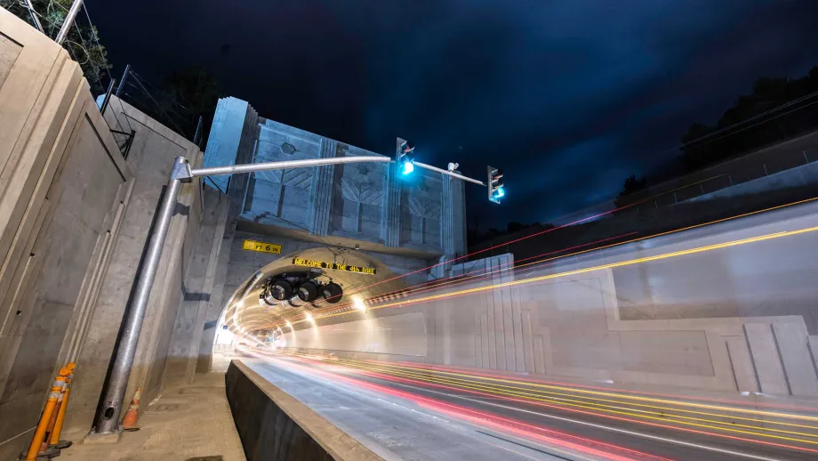 Traffic streams through the tunnel on opening day. 