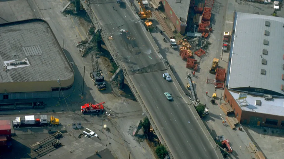 The Cypress Viaduct in Oakland collapsed during the Loma Prieta quake, killing 42 people.