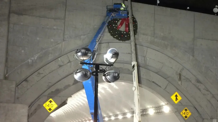 holiday wreath above the Bay Bridge’s westbound Yerba Buena Island Tunnel