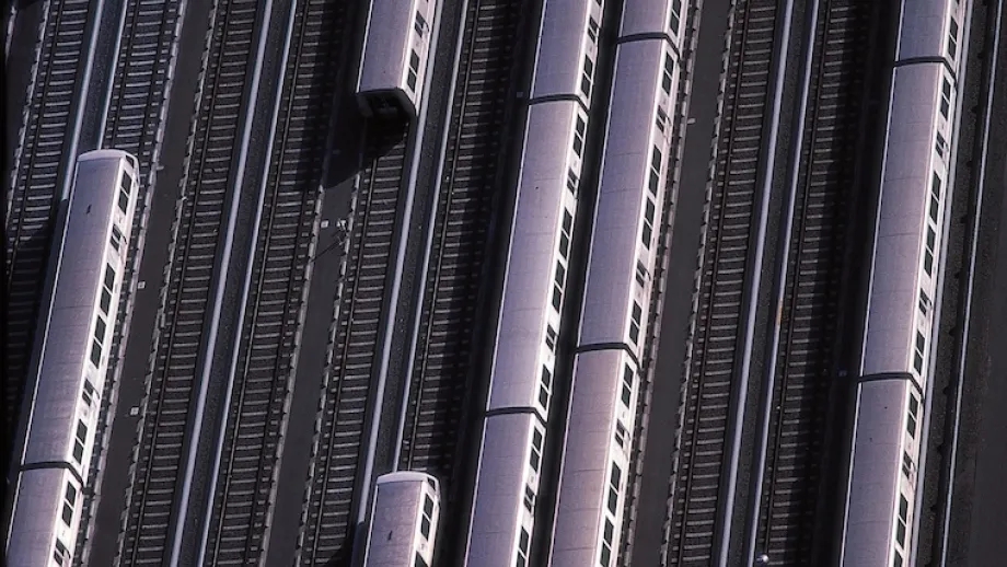 BART trains in a rail yard.