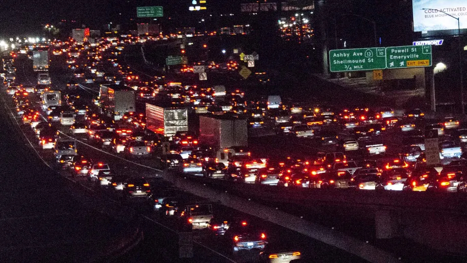 Evening rush hour traffic on the east side of the San Francisco-Oakland Bay Bridge.