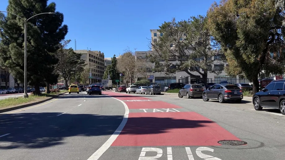 Bus only lane on Geary Blvd in San Francisco.