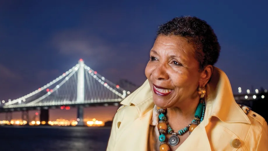 Mary King, with new Bay Bridge East Span image in the background